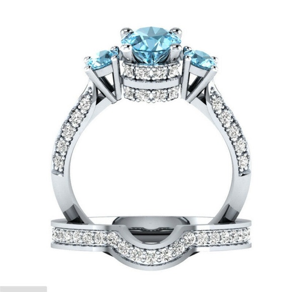 Luxury 925 Silver Round Cut Aquamarine Ring New - Picture 2 of 3